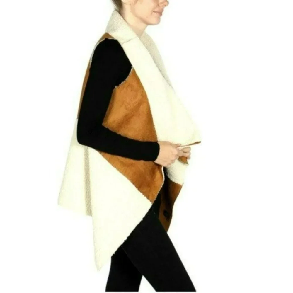 NWT Ellie & Kate Contrast Sherpa / Suede Open Front Relaxed fit Vest - Picture 2 of 5